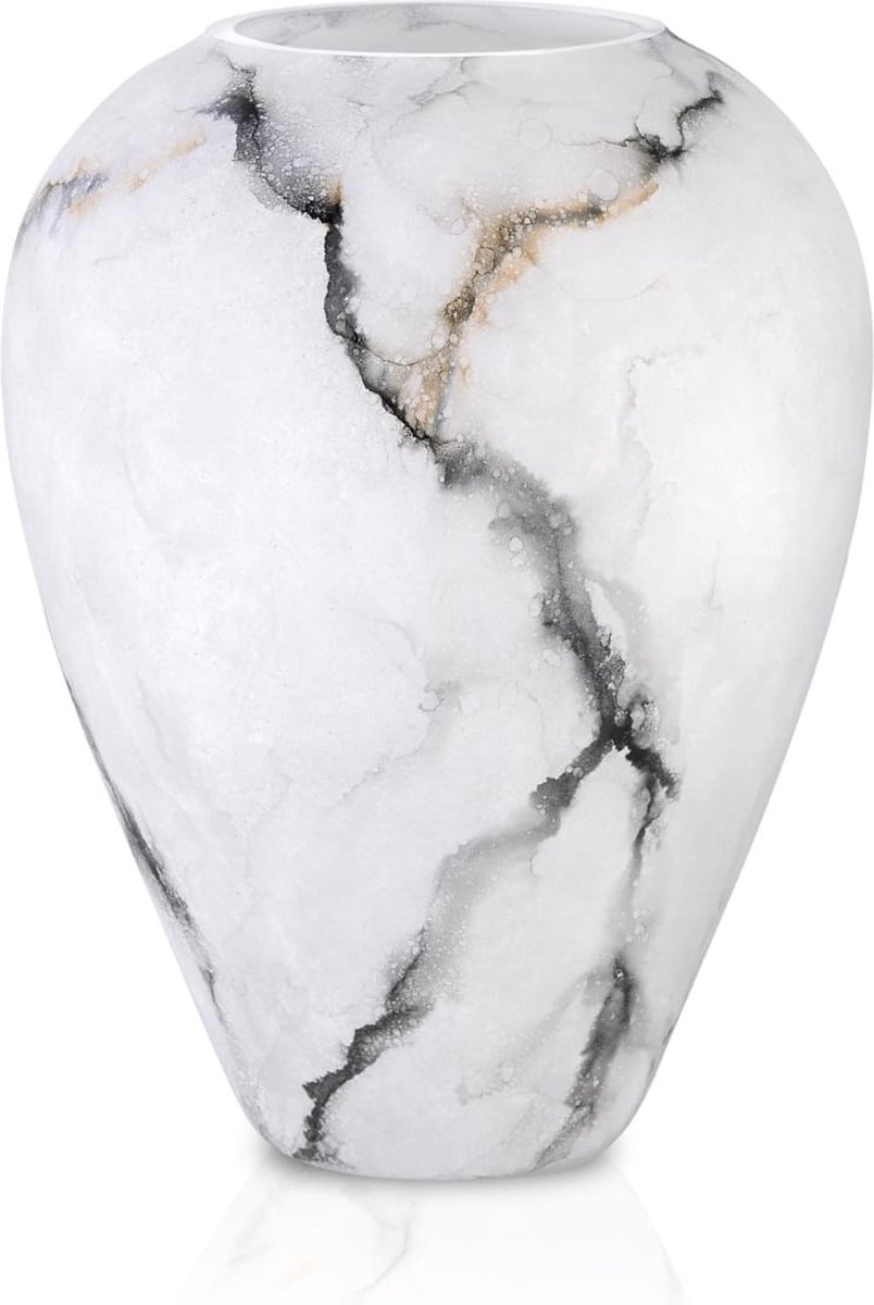 Terroso Vaas Ice, Mat Glas Marmer, Elegante, Hoogte 27 cm Wit, Goud, Zwart