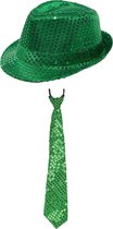 Carnaval verkleed set - hoedje en stropdas - groen - volwassenen - glitters