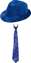 Toppers - Ensemble d'habillage de carnaval - chapeau et cravate - bleu - adultes - paillettes
