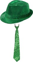 Toppers - Carnaval verkleed set - hoedje en stropdas - groen - volwassenen - glitters
