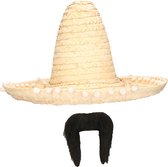 Carnaval verkleed set - Mexicaanse sombrero hoed dia 45 cm met plaksnor - naturel - heren