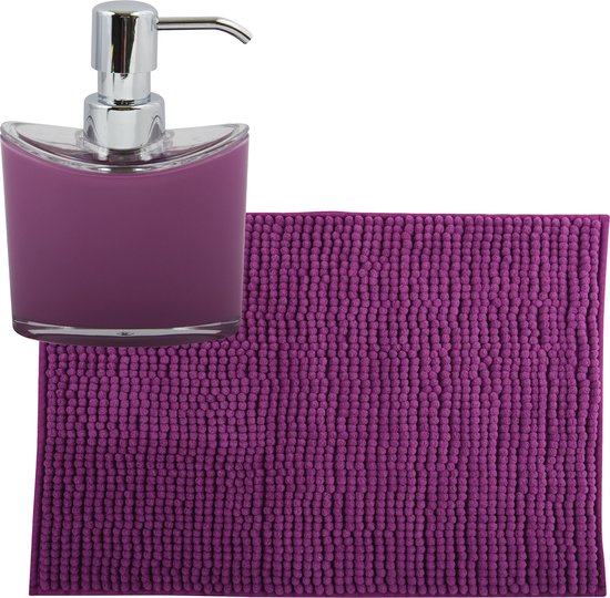 MSV badkamer droogloop mat/tapijtje - 40 x 60 cm - en zelfde kleur zeeppompje 260 ml - paars