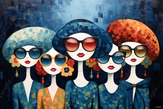 JJ-Art (Canvas) 120x80 | 5 Vrouwen met hoed en zonnebril, modern surrealisme, abstract, rood, bruin, blauw, groen, kunst | geschilderde Picasso stijl, Picasso stijlvol, modern | Foto-Schilderij canvas print (wanddecoratie)