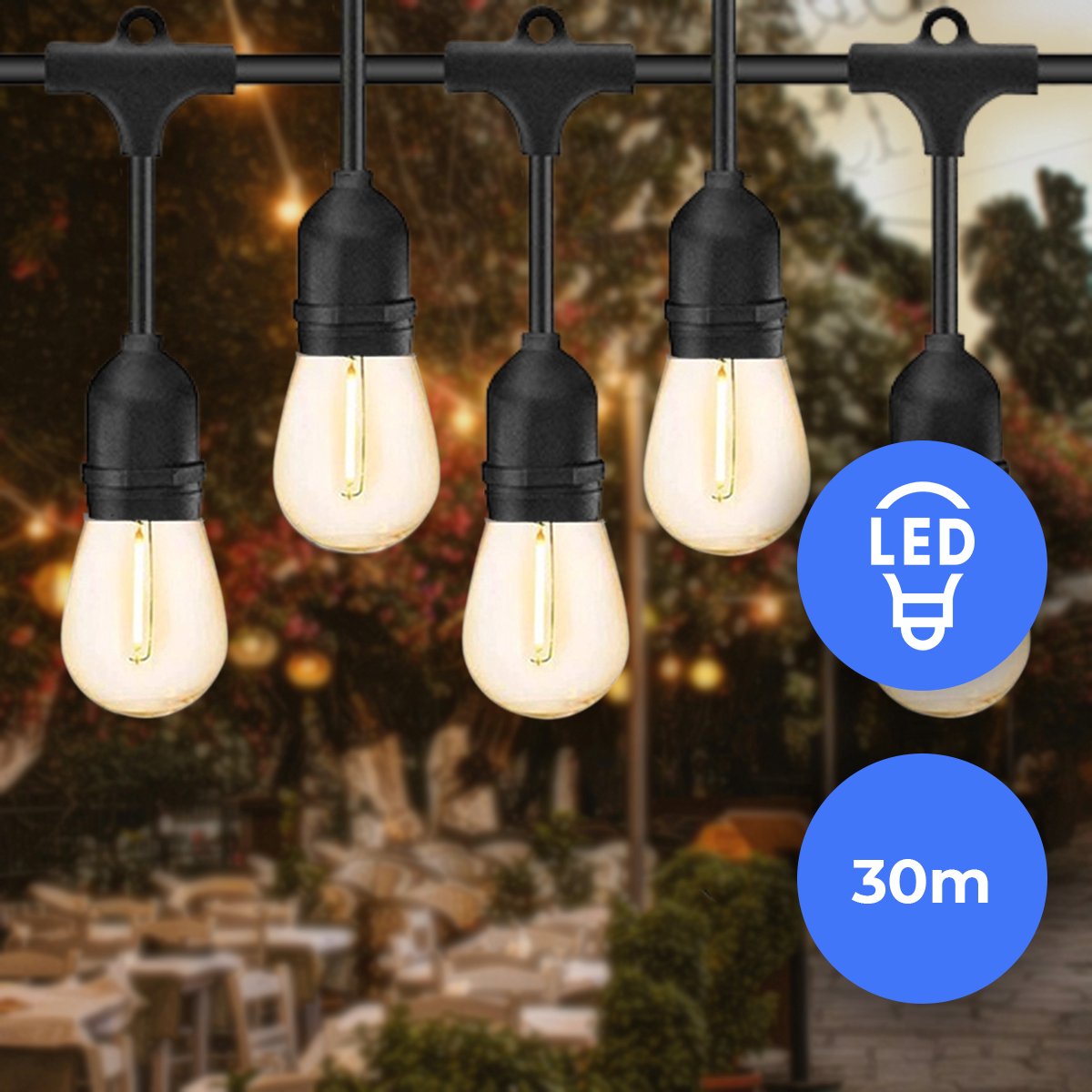Arena LED Lichtsnoer Buiten met 30 Lampjes E27 Warm Wit 2700k - Prikkabel 30 meter Buitenverlichting - Lampjes Slinger IP65 - Koppelbare Feestverlichting - Kerstverlichting