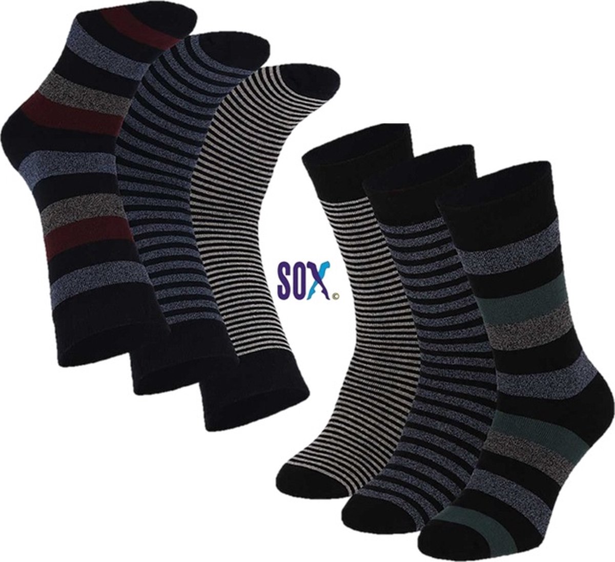 SOX Thermische Full Terry 6 PACK Unisex sokken 37/42 Fantasie streep assorti Marine mix en Zwart mix Sterk en Naadloos