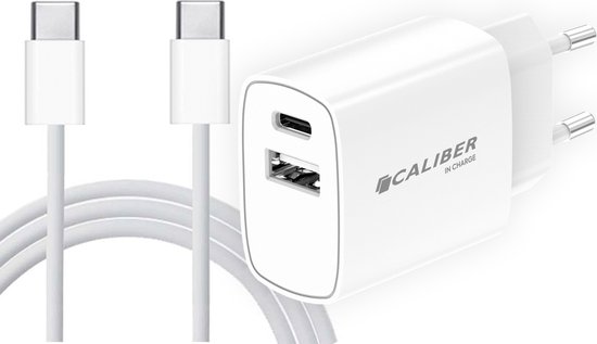 USB C Oplader - 20W snellader - 1.5 meter Oplaadkabel en USB C Adapter - Geschikt voor Samsung - Geschikt voor Apple iPhone 15 - Wit (PSPQ-20CCW) - Caliber