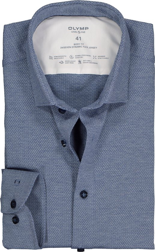 OLYMP Level 5 body fit overhemd 24/7 - royal blauw structuur tricot - Strijkvriendelijk - Boordmaat: 44
