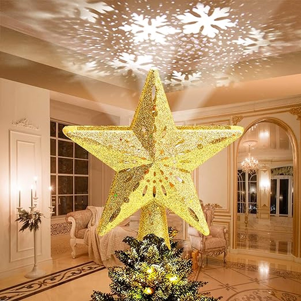 Kerstboomster, kerstboomtopperprojector Poinsettia, kerstversiering voor kerstboom en interieurdecoratie (goud)