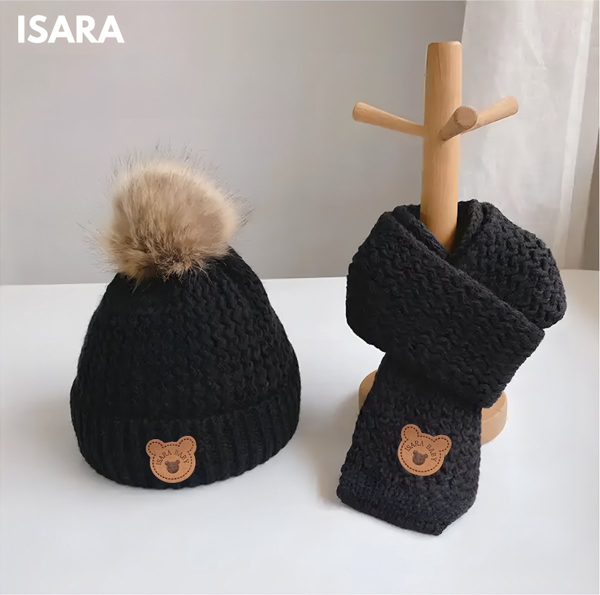 ISARA Baby Muts & Sjaal Set – Zwart – Winter – Babymutsje – Wol – 0 tot 6 Jaar – Kindermuts