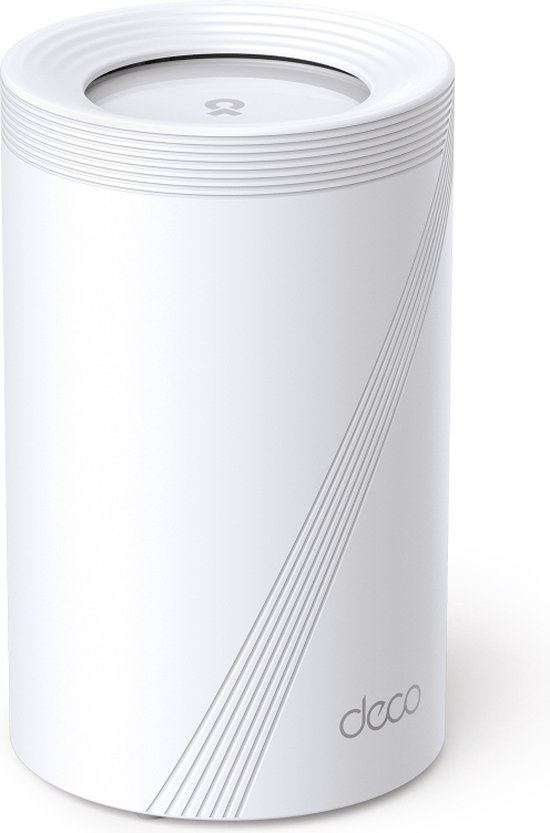 Witte Deco BE65 router met ronde bovenkant en grijze lijnen, staand op een witte achtergrond.