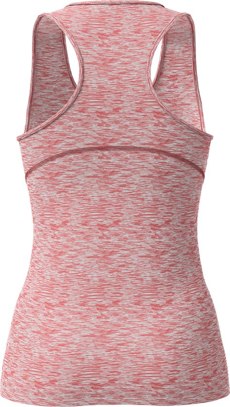 Achterkant van een roze gemêleerde sporttop met racerback en contrasterende naden.
