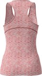 Achterkant van een roze gemêleerde sporttop met racerback en contrasterende naden.