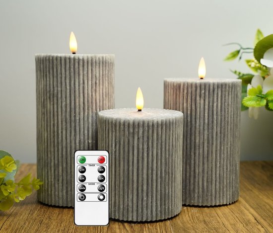 LED Kaarsen 3 stuks-Batterijkaarsen,batterijen Kaarsen met afstandsbediening en timer-Grijs