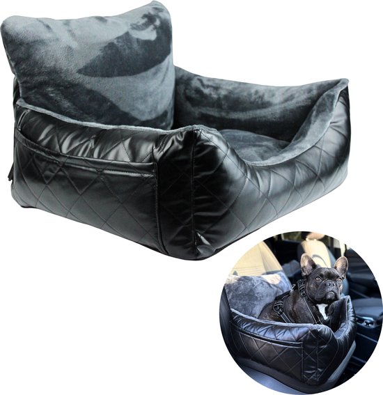 Autostoel Hond - Hondenmand Auto - Hondenstoel Auto - Zwart met Grijs Velvet - 50cm x 50cm