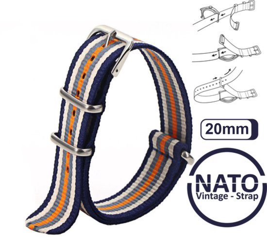 Stijlvolle 20mm Premium Nato Blauw Wit Oranje gestreept Horlogeband: Ontdek de Vintage James Bond Look! Perfect voor Mannen, uit onze Exclusieve Nato Strap Collectie!