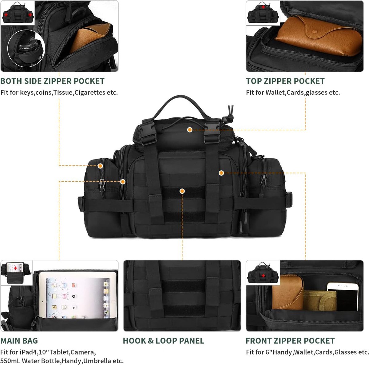 Mervokl Lot De 3 Sacs Tactiques Molle + 9 Accessoires – Polyester 1000D, Modulable, EDC, Porte-Bouteille, Bandoulière – Pour Camping, Rando, Vélo