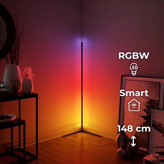 Nuvis Slimme LED Vloerlamp Dimbaar Zwart 148 cm - Hoeklamp Led Staand RGBWW - Kerstcadeau - Staande Lamp Woonkamer - Smart Home App of Afstandsbediening - Gaming Lamp