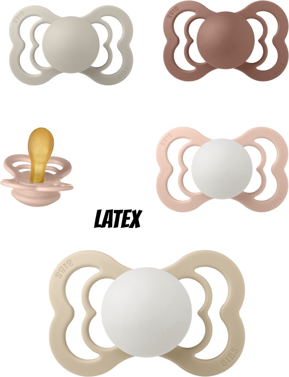Goedkoopste Bibs Supreme Latex fopspeen 0-6 maand 5 stuks Blush,Woodchuck,Sand,Vanilla Night Glow en Blush Night Glow maat 1