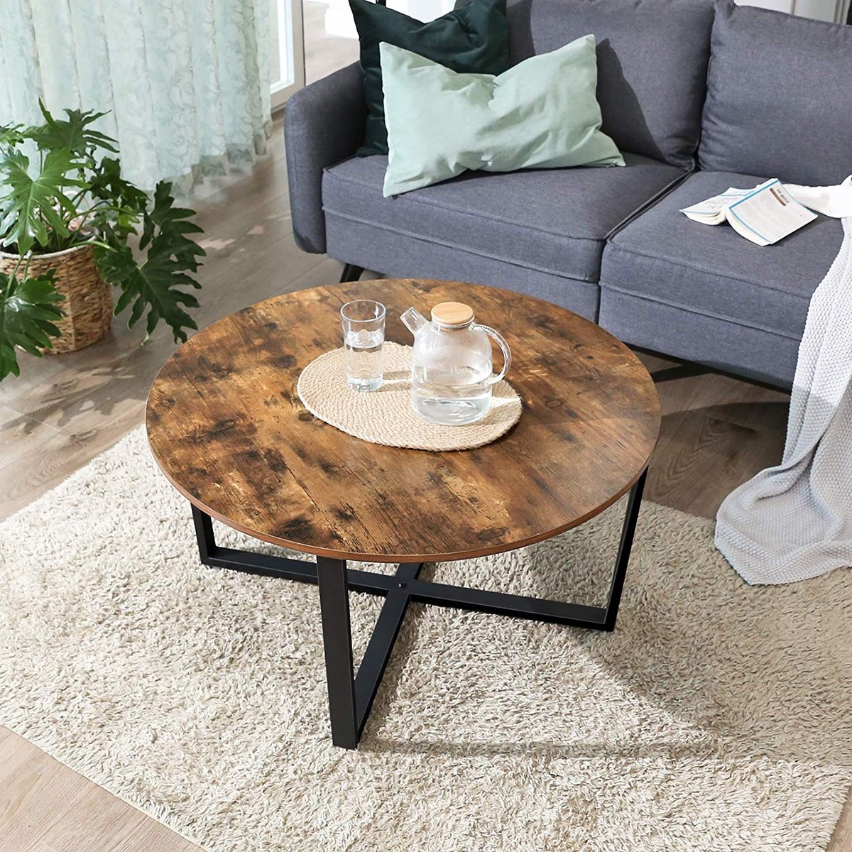 Vasagle Ronde salontafel - diameter 88 cm - salontafel met stabiel ijzeren frame - industrieel design - vintage donkerbruin