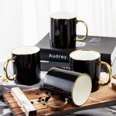 Zwarte koffiemokken set van 4 (470 ml), modern en stijlvol ontwerp met handgemaakte gouden accenten, zwarte en gouden kopjes voor koffie, prachtige en elegante top porseleinen mokken.