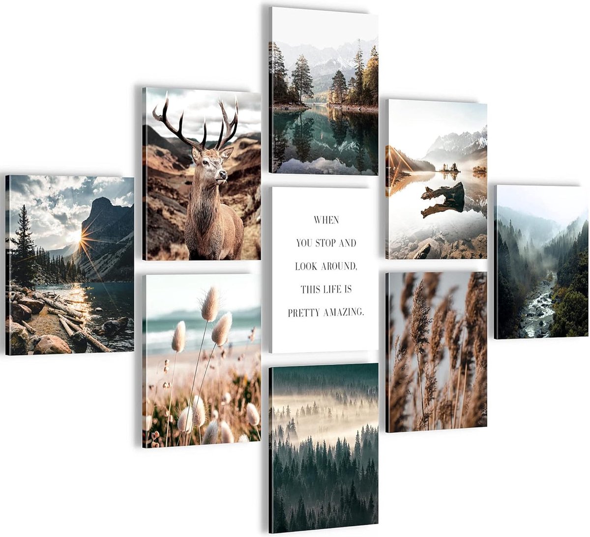 Muurschilderingen Natuur - Canvas Set 9 stuks - Volledig Klaar om Op te Hangen - Hert Canvas - Wanddecoratie voor Woon en Slaapkamer - 9 Moderne Natuurfoto's