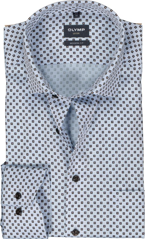 OLYMP modern fit overhemd - mouwlengte 7 - mouwlengte 7 - structuur - blauw met beige dessin - Strijkvrij - Boordmaat: 42
