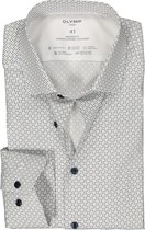 OLYMP 24/7 modern fit overhemd - popeline - wit met taupe en blauw dessin - Strijkvriendelijk - Boordmaat: 40