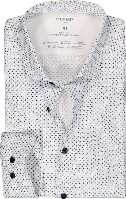 OLYMP 24/7 modern fit overhemd - mouwlengte 7 - mouwlengte 7 - popeline - wit met blauw dessin - Strijkvriendelijk - Boordmaat: 45