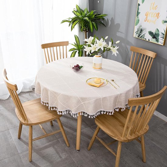 Foto: Ronde tafelkleed 140 cm wasbaar katoenen linnen tafelkleed kreukvrij ruitjes kwastjes tafellinnen voor keuken thuis eetkamer tafeldecoratie