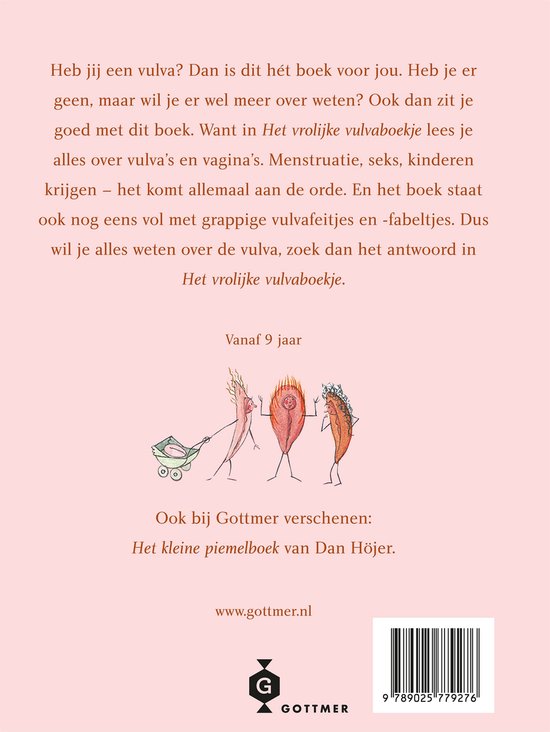 Achterkant boek met tekst en illustratie van drie vulva's, waaronder één met kinderwagen.