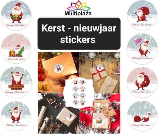 Ronde kerst- en nieuwjaarsstickers met de Kerstman in diverse houdingen en teksten zoals 'Merry Christmas' en 'Happy New Year'.