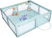 Binnen en Buiten Baby Speelbox met 50 Plastic Ballen, Anti-slip Zuignappen, 4 Halters, Luchtdoorlatende Gaas en Deur met Ritssluiting, Zachte, Baby Grondbox (Blauw)