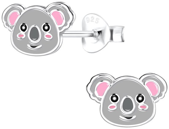 Joy|S - Zilveren koala oorbellen - 9 x 6 mm - grijs roze