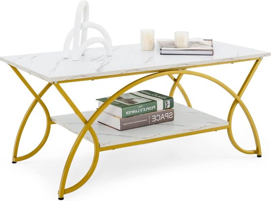 Salontafel in marmerlook, koffietafel met plank en metalen frame, woonkamertafel, bijzettafel, banktafel voor woonkamer, 100 x 50 x 45 cm (goud-wit)