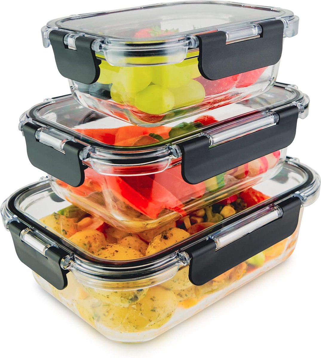 Tritan - 3 glazen vershouddozen met Tritan deksel - lekvrij, stapelbaar. Vaatwasser, oven, vriezer, magnetronservies - set van 370 ml, 640 ml, 1040 ml