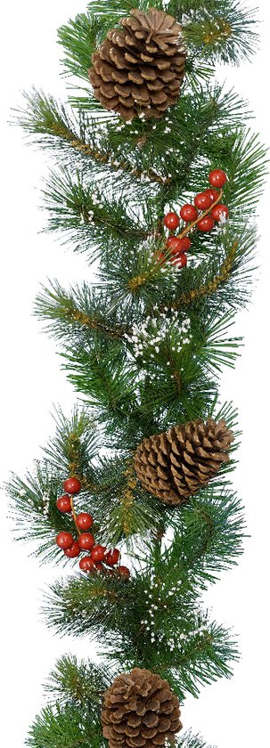 Kerst dennenslinger guirlande groen met sneeuw en decoratie 270 cm - Kerstslingers met versiering - Guirlandes kerstversiering
