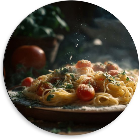 Dibond Muurcirkel - Spaghetti - Tomaten - Kaas - Eten - Bord - 50x50 cm Foto op Aluminium Muurcirkel (met ophangsysteem)