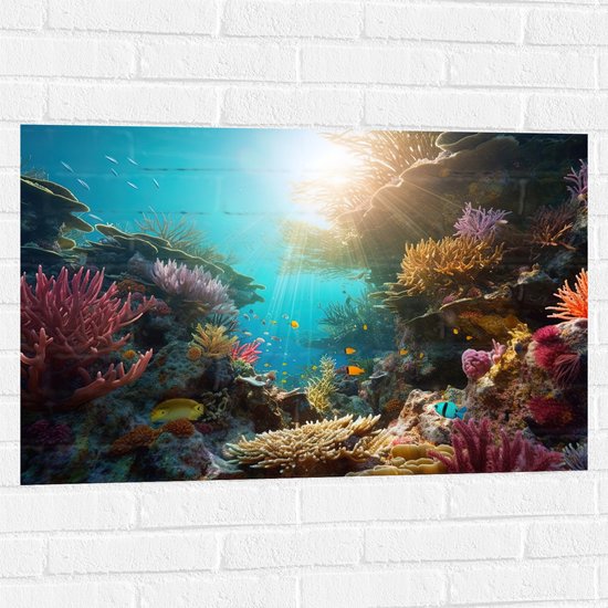 Muursticker - Onderwater - Oceaan - Zee - Koraal - Vissen - Kleuren - Zon - 90x60 cm Foto op Muursticker