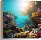 Hout - Onderwater - Oceaan - Zee - Koraal - Vissen - Kleuren - Zon - 50x50 cm - 9 mm dik - Foto op Hout (Met Ophangsysteem)