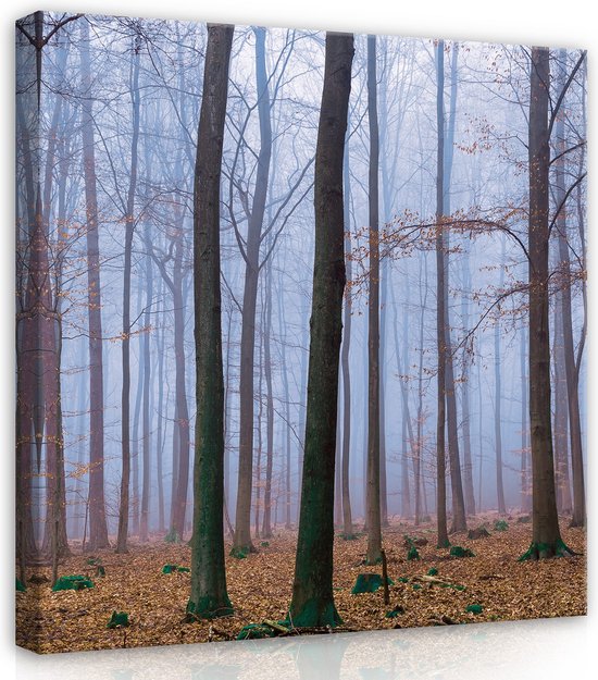 Canvas Schilderij - Bos - Bomen - Mist - Natuur - Herfst - Bladeren - Inclusief Frame - 80x80cm (lxb)