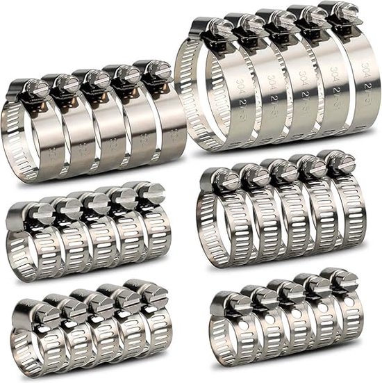 Outigu 200 stuks slangklemmen met één oor van 304 roestvrij staal: assortiment van 10 maten (7-21 mm) voor waterslangen, sanitair en autogebruik
