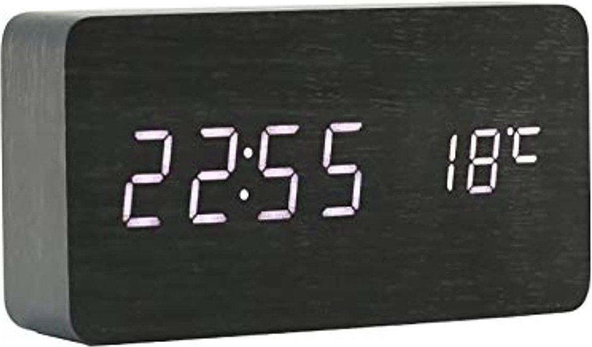 Desk Houten klok Digitaal Instelbare Helderheid 3 Set Alarm Spraakbesturing Grote Weergavetijd Temperatuur, Datum USB-voeding Voor Thuis Kinderen Slaapkamer Kantoor AC11 Black_White