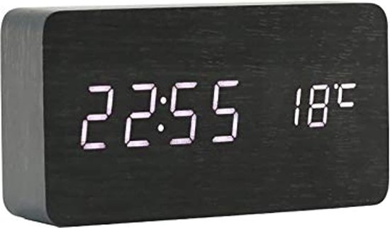 Horloge de Bureau en Bois Luminosité réglable numérique 3 Set Alarme Commande Vocale Grand écran Temps Température, Date Alimenté par USB pour la Maison Enfants Chambre Bureau AC11 Noir_Blanc