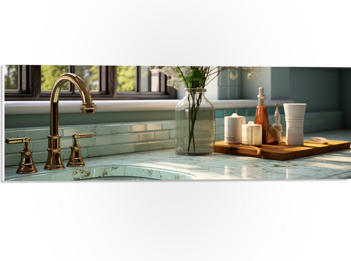 PVC Schuimplaat- Keuken - Aanrecht - Wasbak - Bloemen - Raam - Kraan - Marmer - Goud - 60x