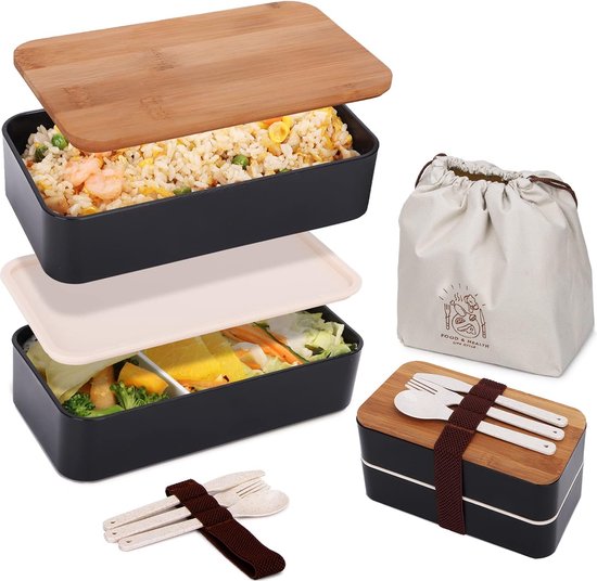 Foto: Bento lunchbox voor volwassenen 1200 ml japanse bento box 2 traps broodtrommel met bestek en tas lunchbox voor volwassenen en kinderen voor werk en school zwart 