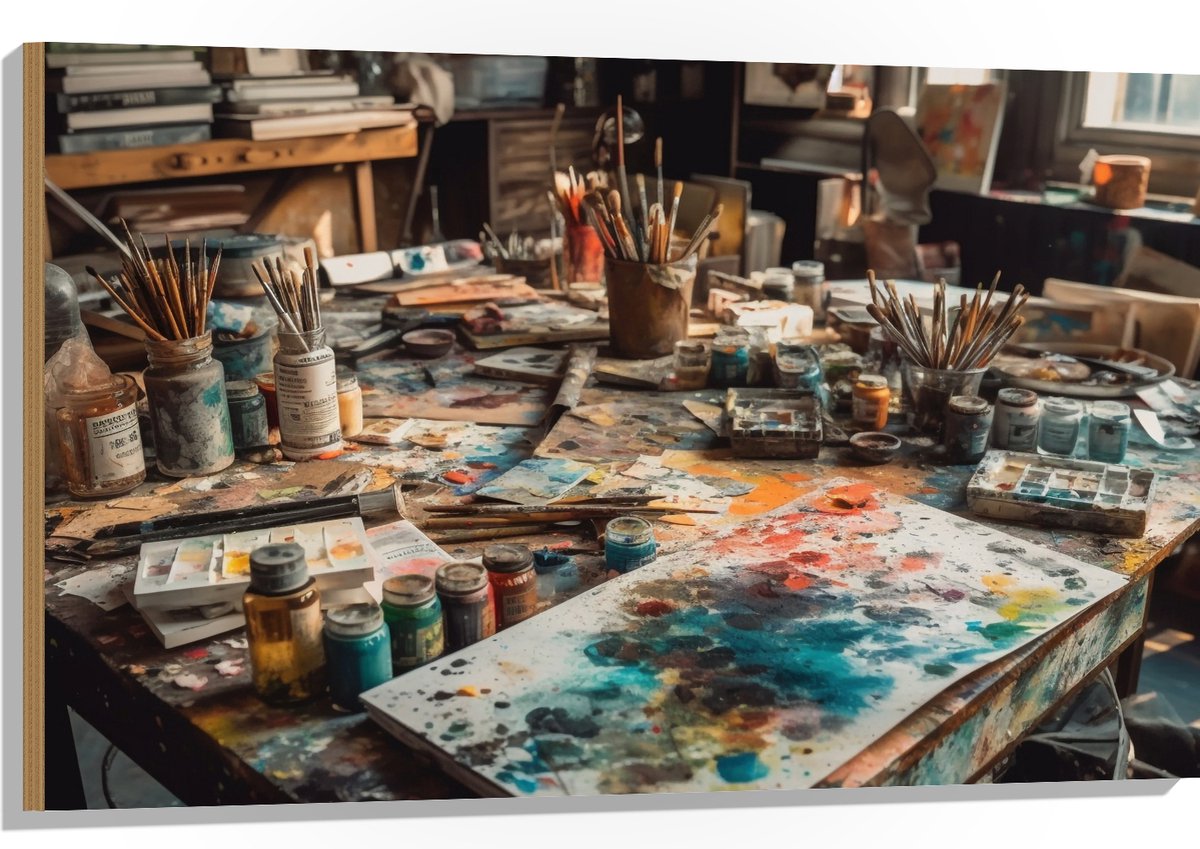 Hout - Tafel - Verf - Kunst - Schilderen - Kwasten - Potjes - Kleuren - Vellen - 105x70 cm - 9 mm dik - Foto op Hout (Met Ophangsysteem)