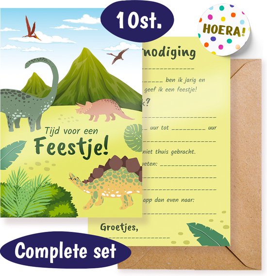 Foto: Uitnodiging kinderfeestje 10 stuks dinosaurus uitnodigingskaarten dino uitnodigingen verjaardag feestje incl enveloppen en sluitstickers jongen en meisje