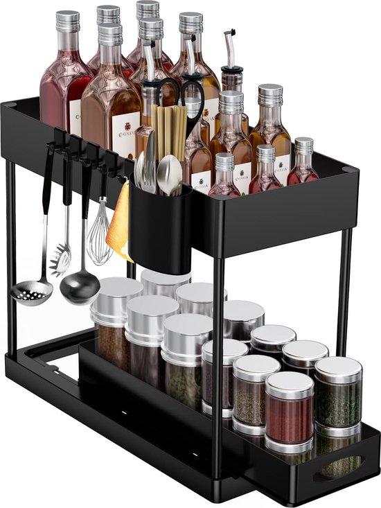 Range Épices à Tiroirs Coullissants - 2 Niveaux - 27x11.5x21.5cm - Noir - Pour Placard Cuisine
