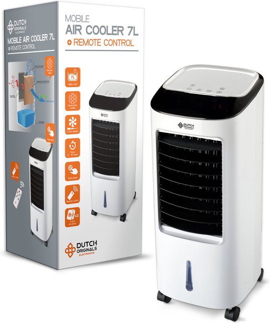 Dutch Originals - Aircooler op Wielen - Luchtcooler 7 Liter - Mobiele Aircooler met 3 Snelheden - Incl. Afstandsbediening, Timer en Zelfdraaiende Functie - 65 W - 73,5 x 30 x 30 cm