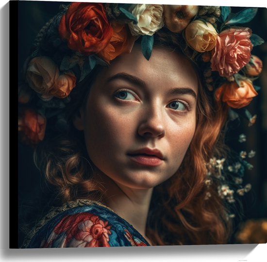 Canvas - Vrouw - Gezicht - Haarband - Bloemen - 60x60 cm Foto op Canvas Schilderij (Wanddecoratie op Canvas)